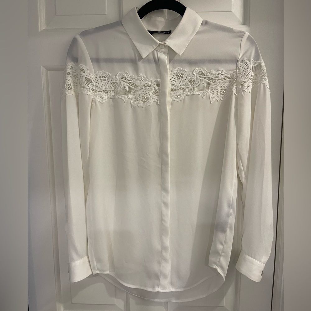 The Kooples White Button Up Blouse with Floral Lace Detail
